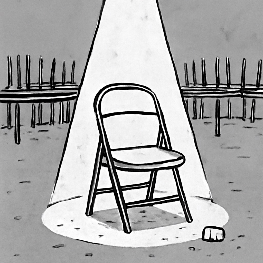 A single folding chair lit by an overhead spotlight in the middle of an empty hall. Every other chair is already stacked upside down on the long tables around it, legs pointing up.